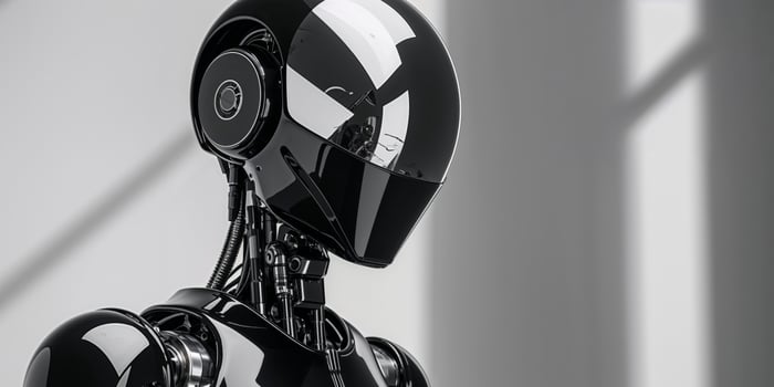 Futuristic Robot in a Black Suit and Helmet with Reflective Visor. photo