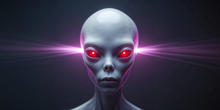 Mysterious Alien Head with Glowing Red Eyes and Purple Light Effect. photo