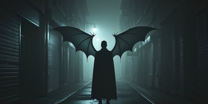 Silhouette of mysterious figure with bat wings in foggy alley at night. photo