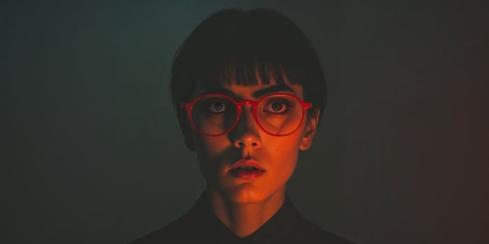 Mysterious figure with striking red glasses and intense gaze in dark setting at dusk. photo