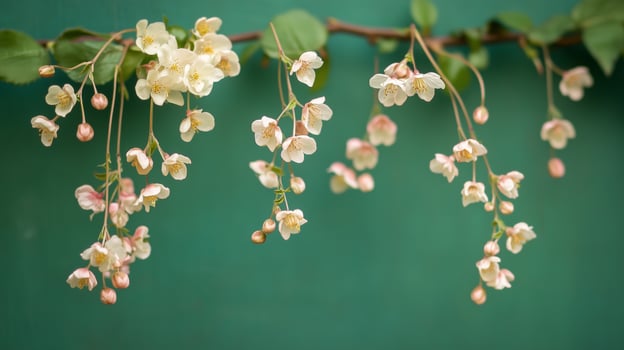 Small flowers gracefully hanging down in the center of the frame on a green background. 8 photo