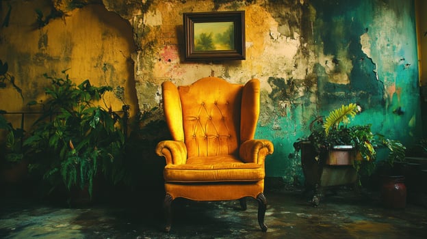 Vintage Yellow Wingback Chair in Rustic Room Interior photo