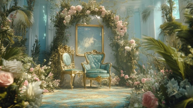 Elegant Floral Arch with Teal Chairs and Gold Accents photo