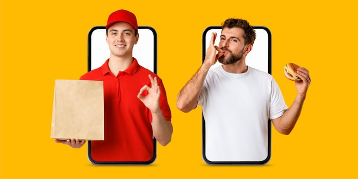 A buyer engages in online shopping using a smartphone. A delivery person presents a purchase in a bag while the customer enjoys a meal. The vibrant background enhances the collage feel. photo