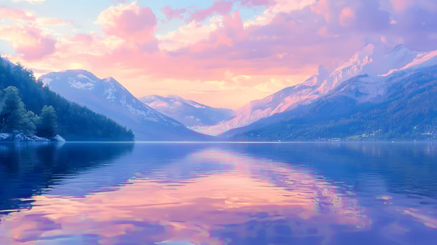 Serene Sunset over Mountain Lake Calm Water Reflecting Pink and Purple Sky photo