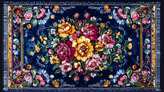 Vibrant Floral Rug Navy Blue Background Colorful Roses Detailed Tapestry Design Home Decor Textile photo