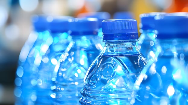 Refreshing Bottled Water Close up Crystal Clear Hydration Blue Caps photo