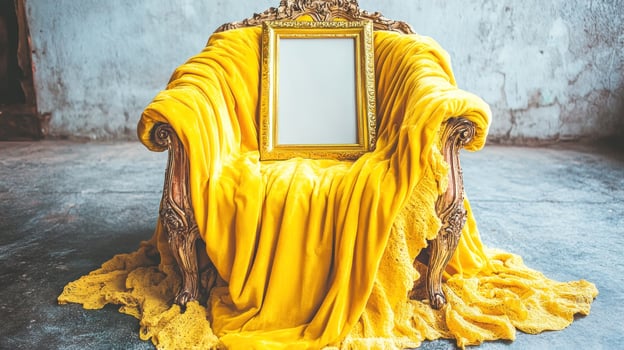 Golden Frame on Yellow Chair Mockup Elegant Home Decor photo