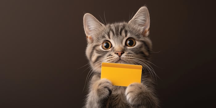Cute tabby kitten holding a small yellow card with its paws photo