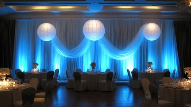 Elegant Wedding Reception Decor with Blue Lighting and Paper Lanterns photo