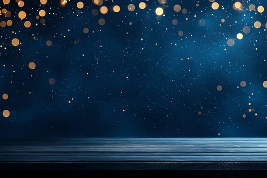 A captivating abstract blue background with golden bokeh lights creating a festive and magical atmosphere. Ideal for creative design projects, events, and celebratory settings. photo