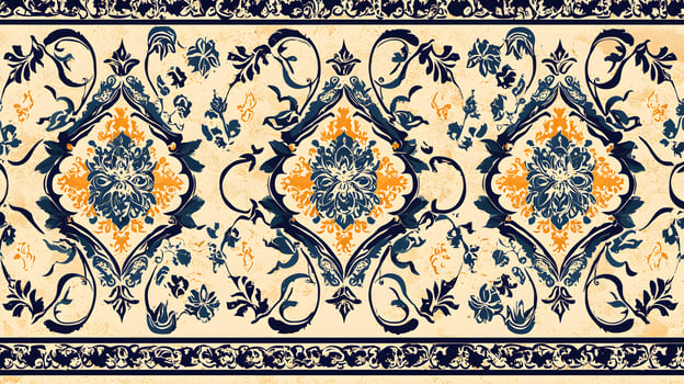 Elegant Damask Pattern Blue Gold Floral Textile Design Vintage Ornament photo