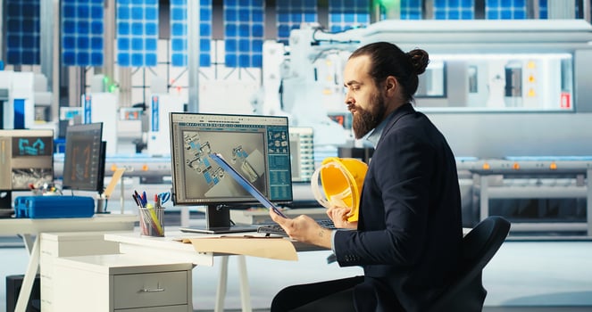 Photovoltaics production manager looking over schematics, planning work on facility floor. Solar panels manufacturing plant engineer designs assembly lines, looking over blueprints. photo