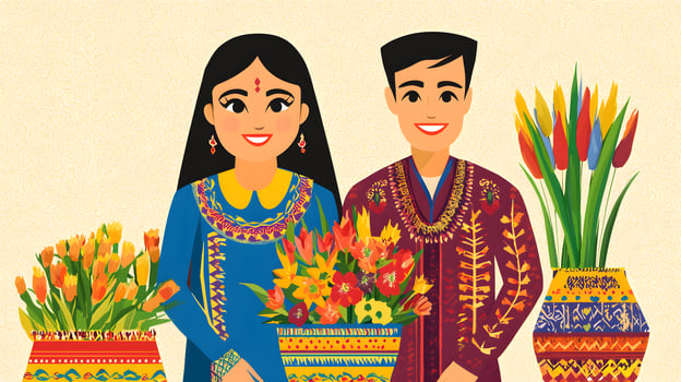 Young Couple in Traditional Clothing Holding Flowers and Vases Spring Festival photo