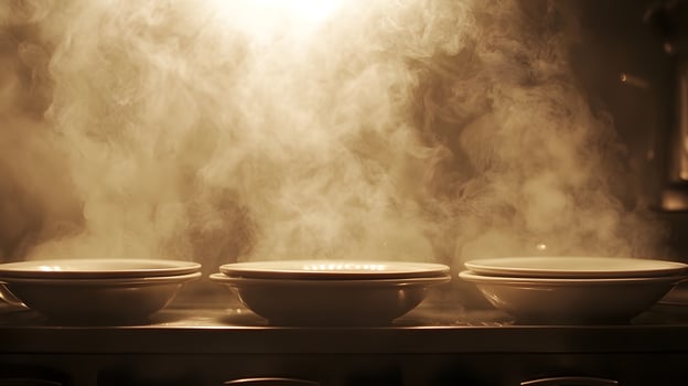 Steaming Hot Food in Restaurant Kitchen Stacked White Bowls Culinary Steam photo