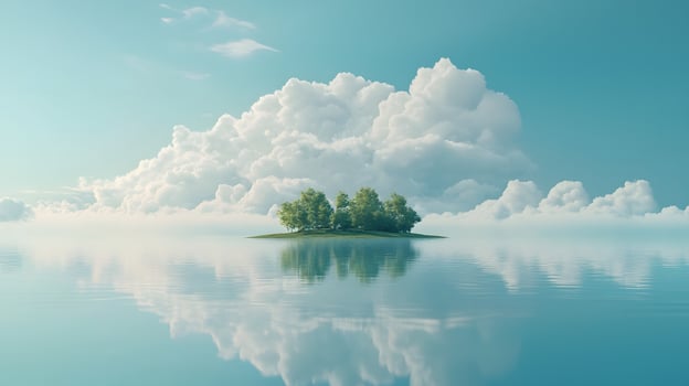 Serene Island Landscape Tranquil Ocean Lush Trees and Fluffy Clouds photo