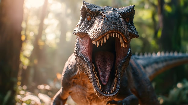 Roaring Dinosaur in Lush Jungle Prehistoric Predator Close Up photo