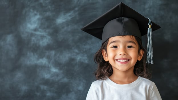 joyful child wearing graduation cap, smiling brightly against dark background photo