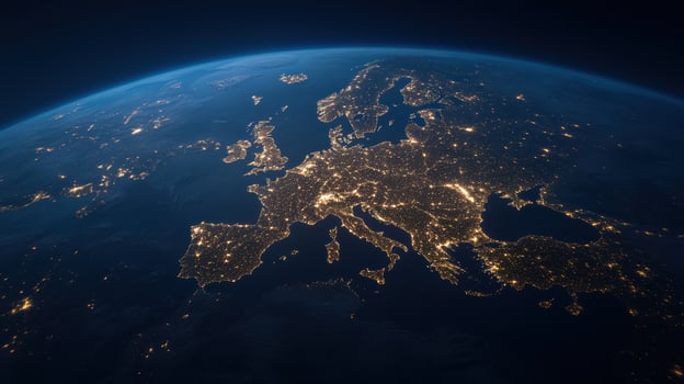 Aerial view of Europe night, showcasing city lights and geographical features. image captures photo