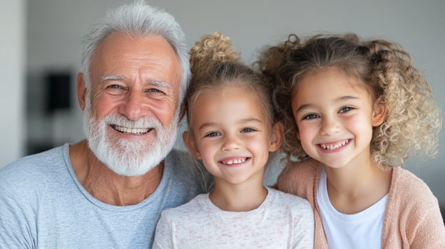 Smiling grandparent with two happy children, showcasing love and joy in cozy setting photo