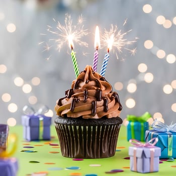 A chocolate cupcake with two lit candles on top photo