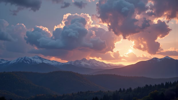 Majestic Sunset over Snow-Capped Peaks and Rolling Hills in Nature photo