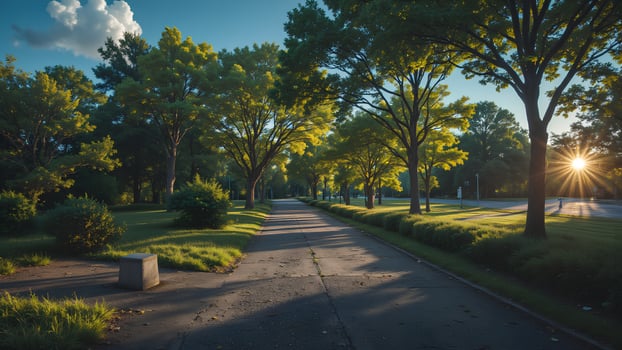 Peaceful Tree-Lined Pathway at Sunset in Vibrant Park Setting photo