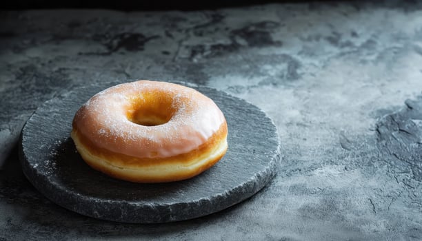 Delicious Glazed Donut on Stone Plate Kitchen Background Copyspace for Text photo
