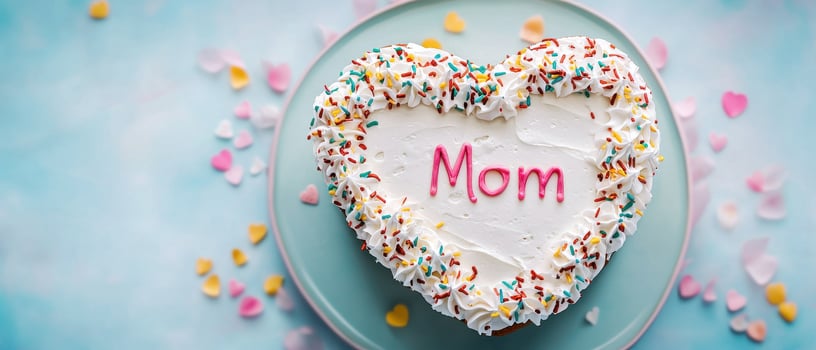 beautiful heart shaped cake adorned with colorful sprinkles celebrates love for mothers on this special day photo
