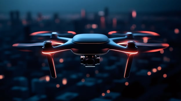 Modern drone flying at night over city with red illuminated rotors photo