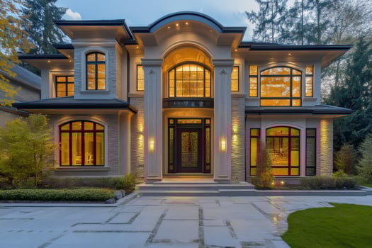 Luxury modern house exterior with illuminated windows at twilight photo