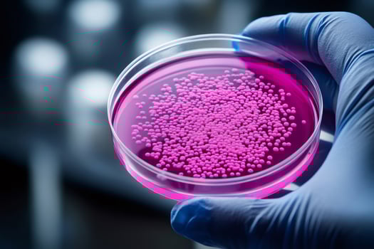 Scientist holding petri dish with pink bacteria growing in laboratory photo