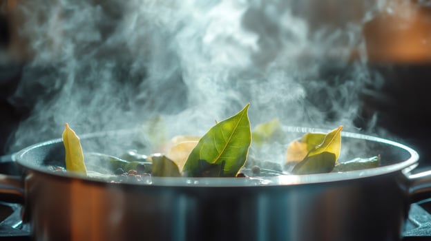 Aromatic steam rising from pot with bay leaves and peppercorns simmering on stove photo