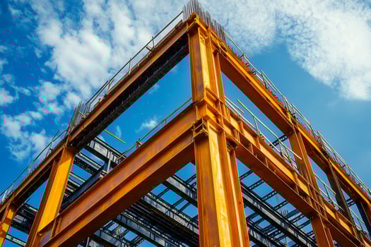 Steel frame structure rising against blue sky during construction photo