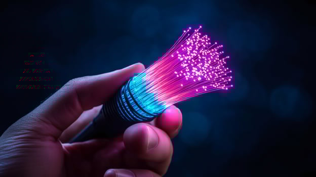 Hand holding fiber optic cable with futuristic lighting effects photo
