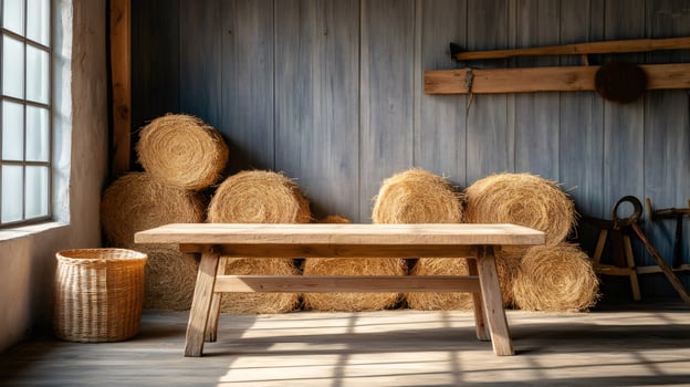 Wooden table illuminating rustic barn interior with hay bales and farm tools photo