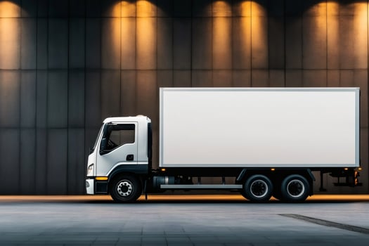 White delivery truck parked near modern building at night photo