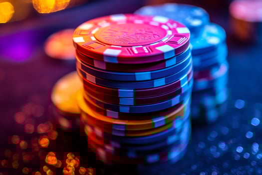 Stack of poker chips forming a tower on casino table illuminating gambling theme photo