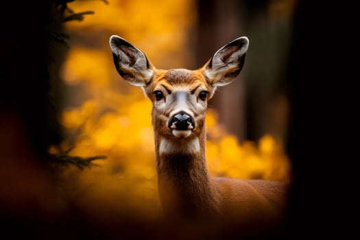 White tailed deer standing in forest with golden leaves in autumn photo