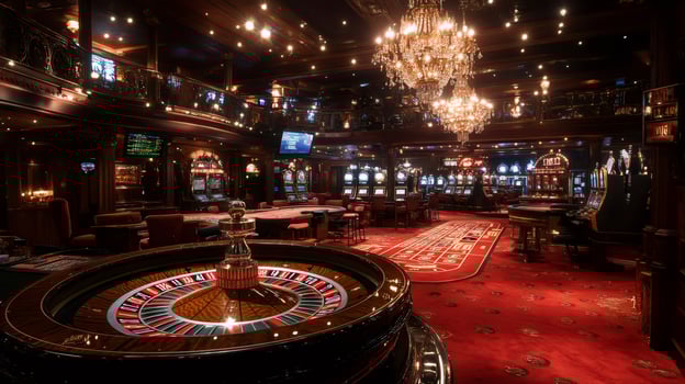 Roulette wheel spinning in luxurious casino interior with slot machines photo