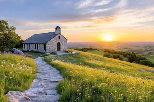 Stone chapel overlooking beautiful sunset in the Flint Hills, Kansas photo