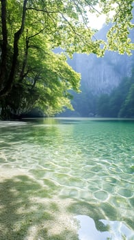 Crystal clear water reflecting sunlight on a pristine beach near a green forest photo