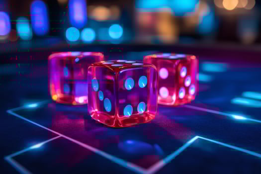 Three red dice on a futuristic casino table showing gambling addiction photo