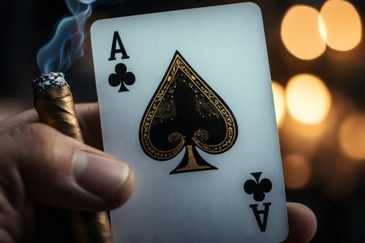 Gambler holding ace of spades playing card and smoking cigar photo