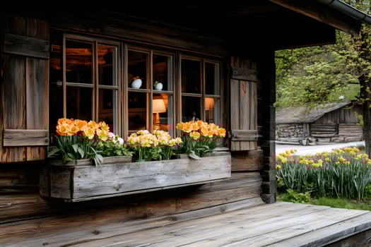 Daffodils decorating window box of wooden house in spring photo