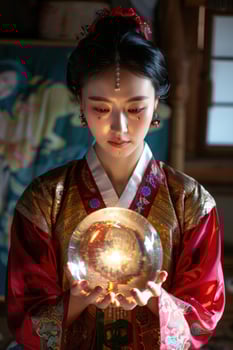 Asian woman holding crystal ball. photo