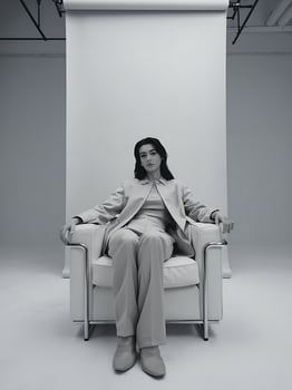 A woman sitting in a chair in front of a white wall photo
