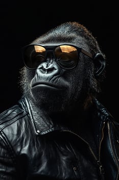 Monkey in black sunglasses and black leather jacket on black background. Cool gorilla photo