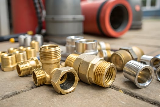 Close up of shiny brass and silver plumbing fittings arranged on a stone surface outdoors photo