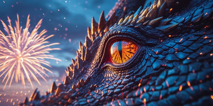 Double exposure of dragon eye and fireworks closeup. photo